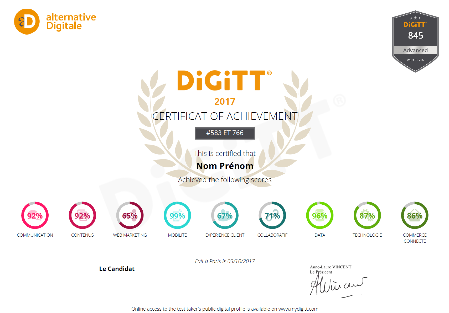 Attestation d’obtention du certificat DiGiTT Attestation d'obtention du certificat DiGiTT